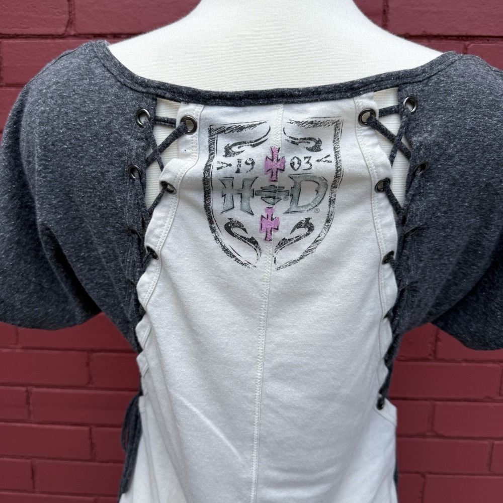 Harley Davidson Lace Up Shirt Womens Size Small Baseball Sleeve‎ Briker Grunge - Picture 3 of 8